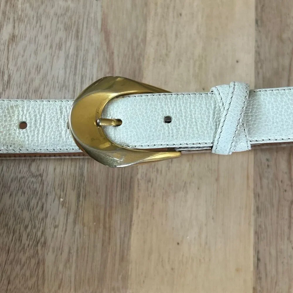 Vintage Beige genuine leather beige wide belt size S with gold buckle made in It